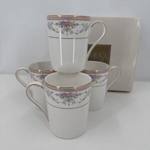 Mikasa Christopher Stuart Bone‎ China Mugs Spring Crest gold trim flowers 4 NEW